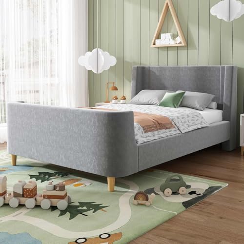 YEHTOKHOME lit Enfant capitonné 90x200cm,lit Simple en Tissu Velours avec tête de lit,lit traîneau en Style Moderne avec Motif Cosmique(sans Matelas) (Gris)