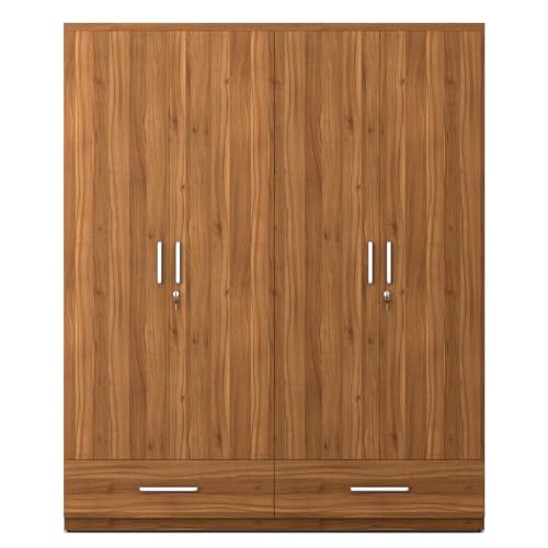 Image of Spacewood Linden Wardrobe | 3 Year Warranty | Almirah, Cupboard, Almari, 4 Door Wardrobe, 4 Drawer (2 Lock Drawer) and 2 Hanging Space & 2 Internal Locker |Engineered Wood| Natural Teak
