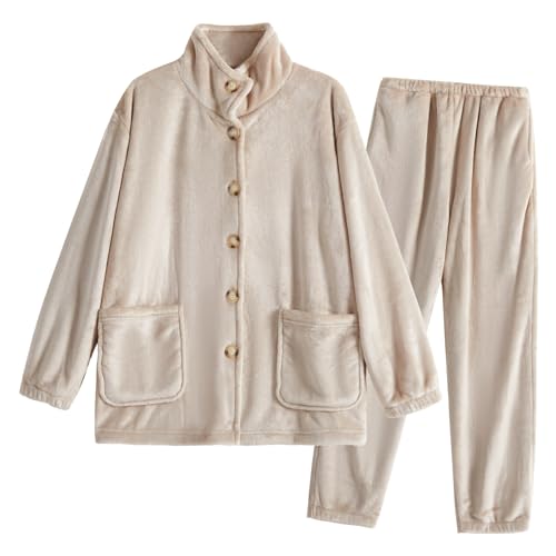 [クモリ] 冬 着る毛布 上下セット M ユニセックス 暖かい 男女兼用 フランネル ふわふわ 前開き ポケット付き ボタン付き ハイネック リブ袖 吸湿発熱 静電気対策 丸洗える ルームウェア 部屋着 あったか レディース メンズ 軽量 防寒 保温 パジャマ M ベージュのサムネイル