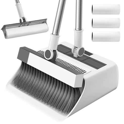 JUPPLIES Escoba y Recogedor Plegable 3 en 1 con Rodillo Quitapelos Desmontable - Mango Telescópico de 126 cm y Rotación de 180º - Limpieza del Hogar Oficina (Escoba + 3 Recambios)