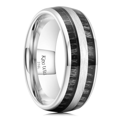King Will 316L Stainless Steel Wedding Band for Men Women-8mm Width Black/Gold/Sliver with Koa/Maple Wood Inlay Domed Design Wodden Wedding Ring Comfort Fit Size 6-14