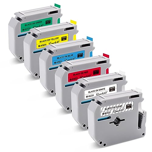 Ruban M-K231 12mm haute adhérence, lot de 6 recharges couleurs pour étiqueteuse Brother PT-M95