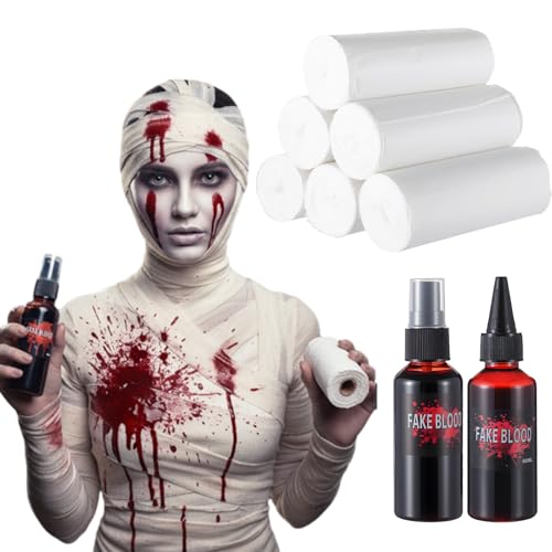 Outus Kit de 8 piezas de sangre falsa de Halloween, 6 rollos/20 pies, vendaje de momia de Halloween con spray de sangre falsa de 2 onzas, accesorios de fotos realistas y lavables para cosplay
