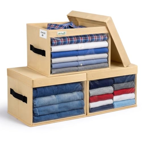 Image of JD Fresh Foldable Cloth Cover Storage Box With Lid /Wardrobe Clothes Organizer /Storage Basket /Space Saving Storage /Collapsible Clothes Organizer /Cupboard Storage Box for Shirts, Pants (Beige Pack of 6)