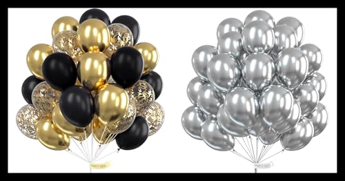 PartyWoo Black and Gold Balloons 100 pcs and PartyWoo Metallic Silver Balloons 100 pcs