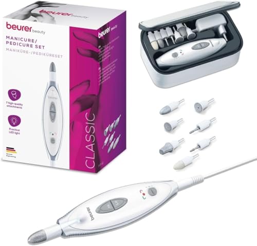 Beurer MP 41 Fresa Elettrica per Unghie con 7 Accessori in Zaffiro e Feltro, Manicure e Pedicure Professionale a 4600 Giri/min, Luce LED, Rotazione Reversibile, Adatto a Diabetici, con Custodia