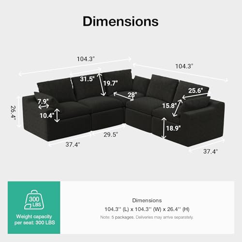 Image of Novilla 104.3 inch Modular Cloud Couch, Modern Sectional Sofa with Smarts Coil Support, Chenille Fabric, Upholstered Couch for Living Room Apartments Bedroom, No Assembly, 5 Seater, Dark Grey