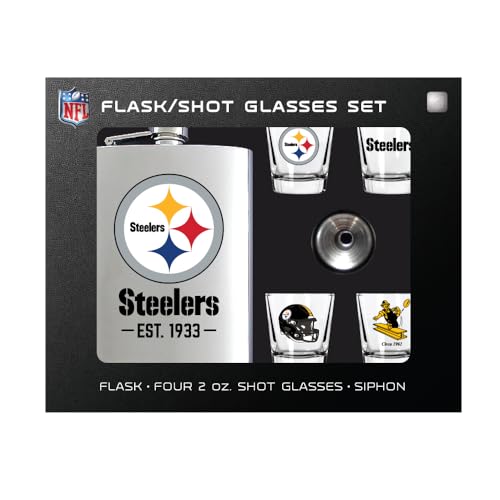NFL Pittsburgh Steelers Flask and Shot Glass Gift Set, Stainless Steel, 8oz Flask with Four 2oz Glasses, Team Logo Design, EST. 1933