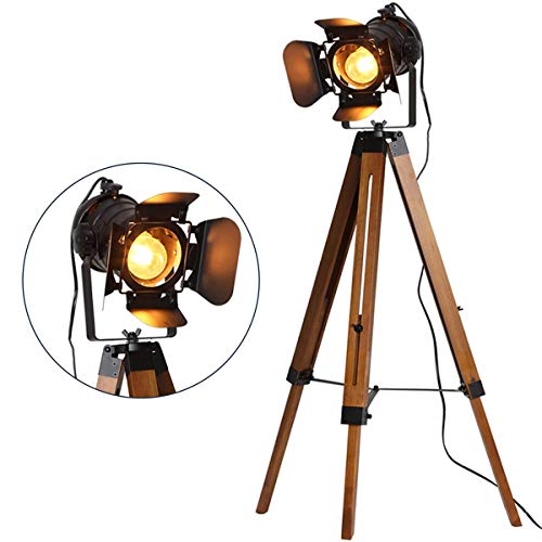 Industrial Tripod Floor Lamp for Living Room Bedroom, Vintage Standing Reading Lamp with Metal Wood Leg for Studio,Study Room and Office, Black (Blub not Included))