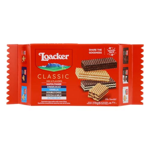 Loacker Classic Wafers Mix - Premium Assorted Crispy Wafer Cookies - Variety Pack - Hazelnut, Chocolate, Vanilla, Double Chocolate, Cocoa and Milk, Milk - 45g/1.59oz, Pack of 6