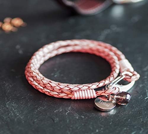 Pink Leather Charm Bracelet for Women, 4-Strand Leather Bracelet with Shrimp Clasp, Crystal Charm + Disc. 19cm, by Tribal Steel