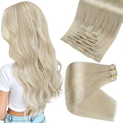 Full Shine Platinum Blonde Human Hair Clip in Extensions Platinum Blonde Clip in Hair Extensions Invisible Seamless Clip ins for Women 18 Inch 8 Pcs 120g