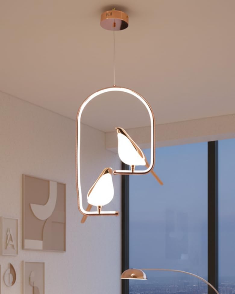 Rose Golden 2 Chirpy Bird Design Pendant Ceiling Light | Modern Hanging Metal Lamp | Decorative Indoor Ceiling Light for Living Room, Bedroom, Dining Room, Kitchen, Café & Restaurant-image-27