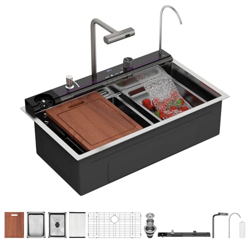 Sarlai Waterfall Kitchen Sink 33 Inch - Drop In Kitchen Sink 33x19 Inch Workstation Waterfall Smart...