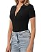 HERLOLLYCHIPS Womens Short Sleeve Tops V Neck Button Down Collared Fitted Shirts (Black, Small)