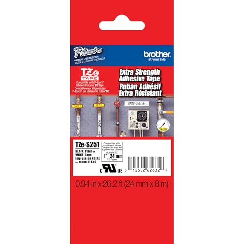 Brother TZe-S251 Labelling Tape Cassette, Black on White, 24mm (W) x 8M (L), Strong Adhesive, Brother Genuine Supplies