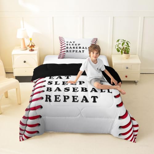 Image of Feelyou Baseball Comforter Set Twin Size Ball Pattern Bedding Set for Kids Boys Girls Eat Sleep Sports Theme Duvet Quilt Bedroom Decor Microfiber 2 Pcs with 1 Pillow Case