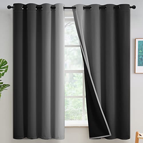 Yakamok 100% Blackout Black Curtains 63 inches Long for Living Room