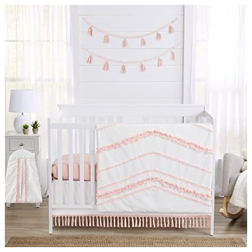Sweet Jojo Designs Boho Bohemian Baby Girl Nursery Crib Bedding Set - 4 Pieces - Blush Pink and White Farmhouse Shabby Chic Designer Modern Minimalist Tuft Tufted Tassel Fringe Macrame Cotton