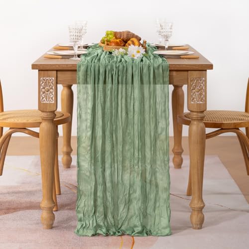 Image of MLMC 2 Pack Sage Green Table Runner 10ft Rustic Gauze Cheesecloth Table Runner Sage Cheese Cloth Centerpiece Decor 35x120 Inches for Boho Wedding Bridal Shower Party Decor