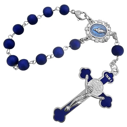 Saint Benedict One Decade Car Rosary for Rearview Mirror Virgin Mary Medal Deep Blue Rosary Beads Catholic Evil Protection Auto Rosary for Women Men
