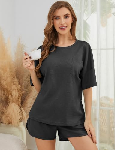 Image of Pajamas Womens Waffle Knit Lounge Set Short Sleeve Top and Shorts 2 Piece Loungewear Outfits Pj Sets with Pockets