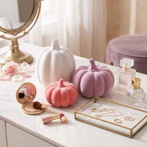 Pink and White Pumpkins Decor, 3Pcs Flocked Velvet Pumpkins Fall Decoration - image 3