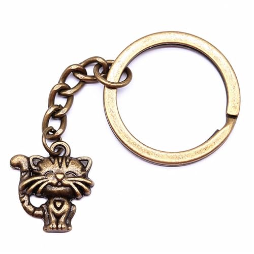 Porte-clés voiture homme en bronze antique avec pendentif chat sculpté