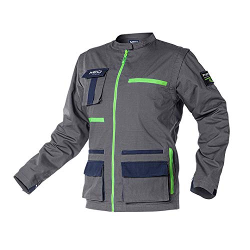 NEO TOOLS Veste de travail 2 en 1 pour homme - 100 % coton 210 g/m² - Ripstop - Taille XS à 3XL - Col montant - Manches amovibles avec poignets réglables - Éléments réfléchissants, gris, S Cover