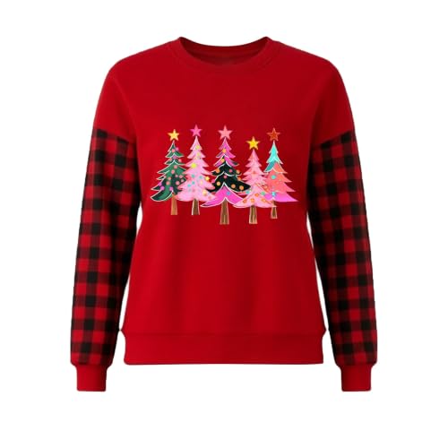 YNCSZEC Vintage Christmas Sweatshirts Women Casual Plaid Long Sleeve Pullover Crewneck Printed Xmas Sweaters Tops Red funny xmas sweatshirts S - image 5