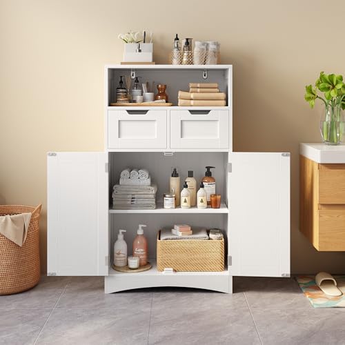 Miniatura 2 de Bealife Mueble De Baño, Armario De Piso, Armario De Almacenamiento Con 2 Puertas, 2 Cajones, Estante Ajustable, Para Baño, Pasillo, 60 X 30 X 108 Cm Blanco