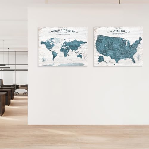 Image of IPIC - Antique Blue World Map & USA Map Canvas Wall Art Set of 2, Travel Wall Decor with Pins Included, Ready to Hang for Office or Living Room, 30x24 Inch