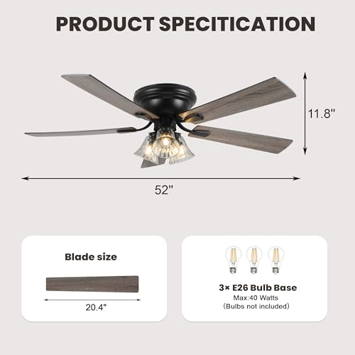 Image of Dawn Whisper 52 Inch Ceiling Fan with Light Flush Mount Classic Vintage Farmhouse Ceiling Fan with 3 E26 Covered Energy Efficient Light Bulbs Base