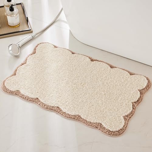 Ohocut Luxury Microfiber Bathroom Rugs Beige Sand Scalloped Bath Rug Boho Farmhouse Cute Aesthetic Preppy Bath Mat for Bathroom Tub Floor Carpet Sink Shower Anti Slip Absorbent 32x20