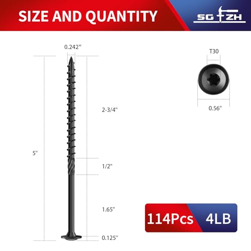 Image of #14 x 5 Inch Lag Screws (114Pcs) 4lb. Structural Wood Screw, Black, Carbon Steel, Washer Head, Rust Resistant epoxy Coated, T30 Star Bit