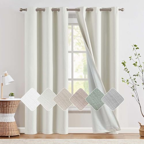 jinchan 100% Blackout Curtains for Bedroom Living Room Linen Blackout Curtains 63 Inch Long Room Darkening Curtains Linen Textured Drapes 52" W 2 Panels Window Curtains Grommet Top Ivory 52"