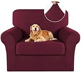 Stretch Chair Slipcover 2 Pieces Couch Cover Furniture Cover/Protector with Elastic Bottom Spandex Jacquard Checked Fabric with Small Check for Living Room Couch Slipcovers (Chair, Burgundy)
