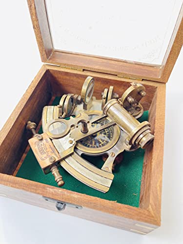 Image of Malla Inc. Nautical 5 inch Brass Working Navigational Sextant with Compass in Hardwood Box - Marine Sextant