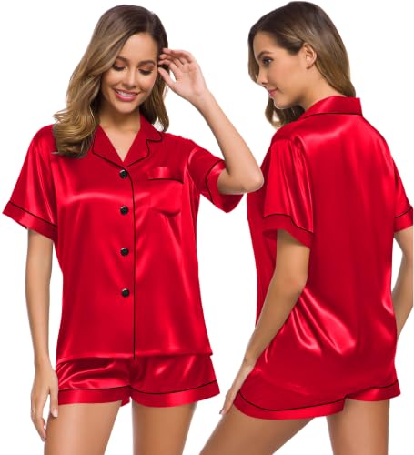 Image of SWOMOG Womens Silk Satin Pajamas Set Short Sleeve Sleepwear Button Down Top and Shorts Loungewear 2 Piece Pjs Set XS-3XL