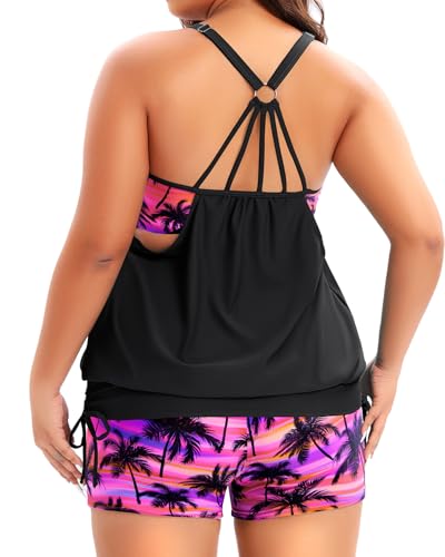 Image of Holipick Plus Size Tankini Swimsuits for Women Two Piece Tummy Control Bathing Suit Blouson Tankini Top with Shorts
