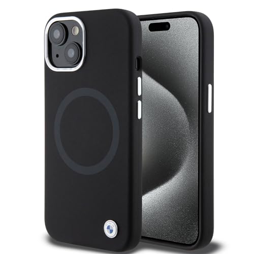 CG Mobile BMW Coque de téléphone Compatible avec Magsafe iPhone 15" Noir avec Anneau Vernis UV, Coque de Protection en Silicone Lisse et Anti-Rayures avec Facile à Clipser, Absorption des Chocs et