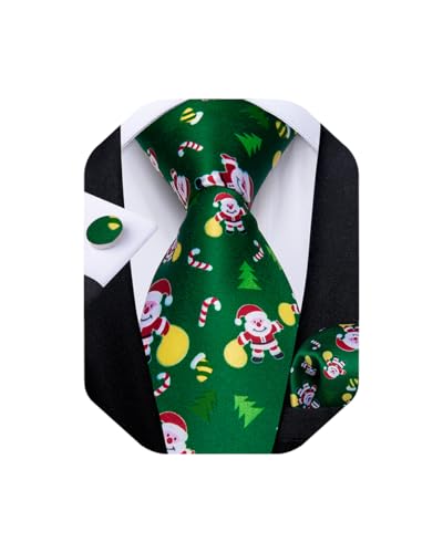 DiBanGu Ensemble cravate de Noël pour hommes Cravate festive amusante Tissée Poche Boutons de manchette carrés avec boîte cadeau, Père Noël/sapin de Noël vert, taille unique