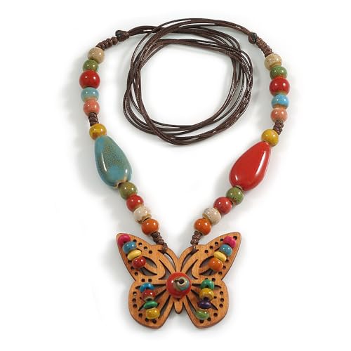 Avalaya Collier en céramique multicolore avec pendentif papillon en bois et cordon de soie marron 70 cm L/légère variation de couleur/irrégularités...