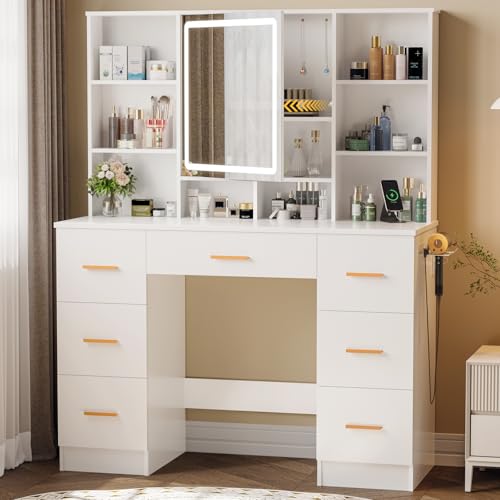 Zvivofla Vanity Desk with Mirror and Lights, Makeup Vanity with Openable Mirror and 7 Drawers, Dressing Table with Power Outlet and 3 Lighting Colors, Makeup Vanity Set for Bedroom