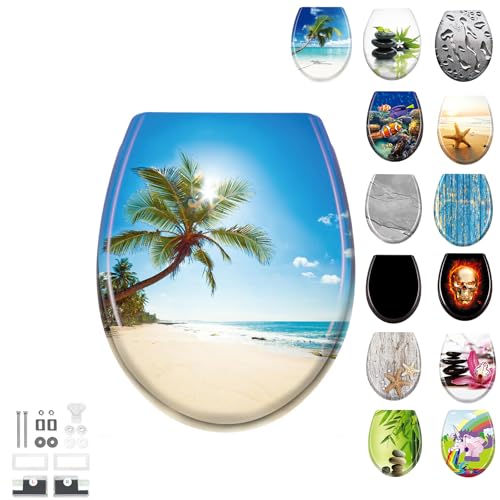 LILIIN Toilettendeckel WC Sitz, Absenkautomatik & Quick-Release, Antibakteriell, Duroplast Klodeckel, Sommer-Strand Motiv