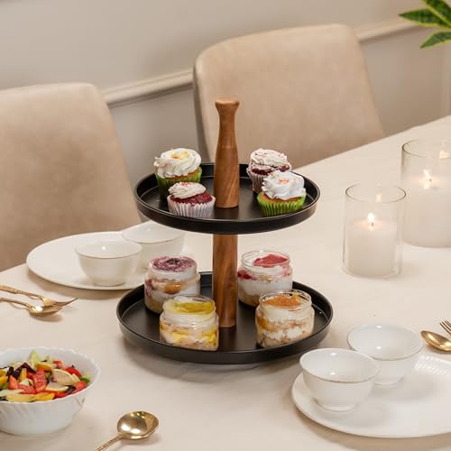 Image of Dusk Multipurpose Serveware - Metal & Acacia Wood 2-Tier Stand - Serving Stand for Snacks, Desserts & Table Display (12.5x12.5x14.5 inches)