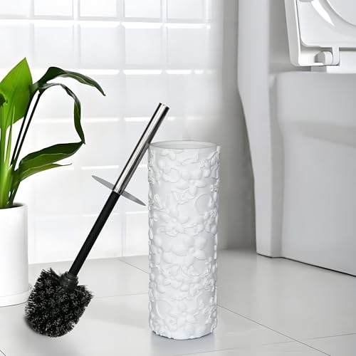 Image of White Floral Design Resin Toilet Bowl Holder and Brush Set, Stylish Bathroom Cleaning Tool with Durable Bristles, Compact and Functional