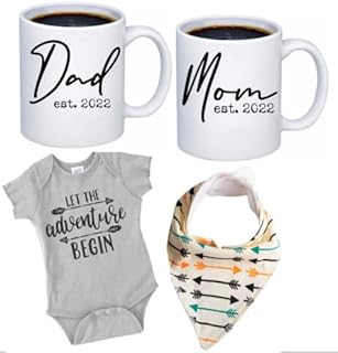 Pregnancy Gift Est 2022 - New Mommy and Daddy Est 2022 11 oz Mug Heart Set with"Let Adventure Begin" Romper (0-3 Months) - Top Mom and Dad Gift Set for New and Expecting Parents to Be - Baby Shower