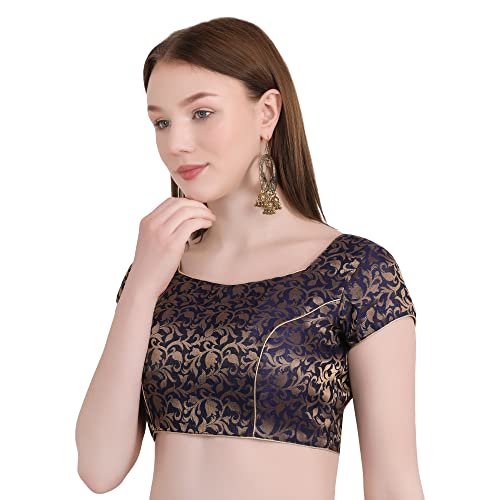 Image of Women's Short Sleeve Brocade (Chanderi) Readymade Stitched Saree Blouse Ready to Wear Half Sleeves Ladies Blouse