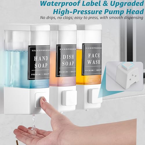 Image of Shampoo and Conditioner Dispenser for Shower, 3 Chamber, White | Wall Mounted, No Drill, 3x16.9oz, ABS Plastic Material, Refillable With Labels, For Bathroom Hotel